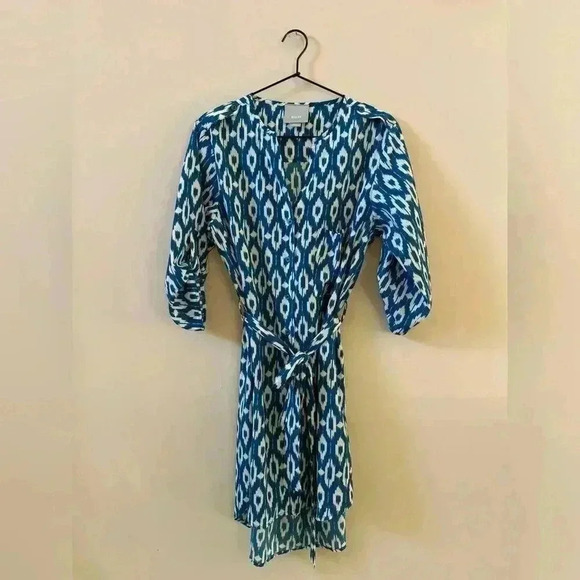 Anthropologie Maeve Frequencies Blue White Ikat Oversized Shirt Mini Dress Small - Picture 2 of 10